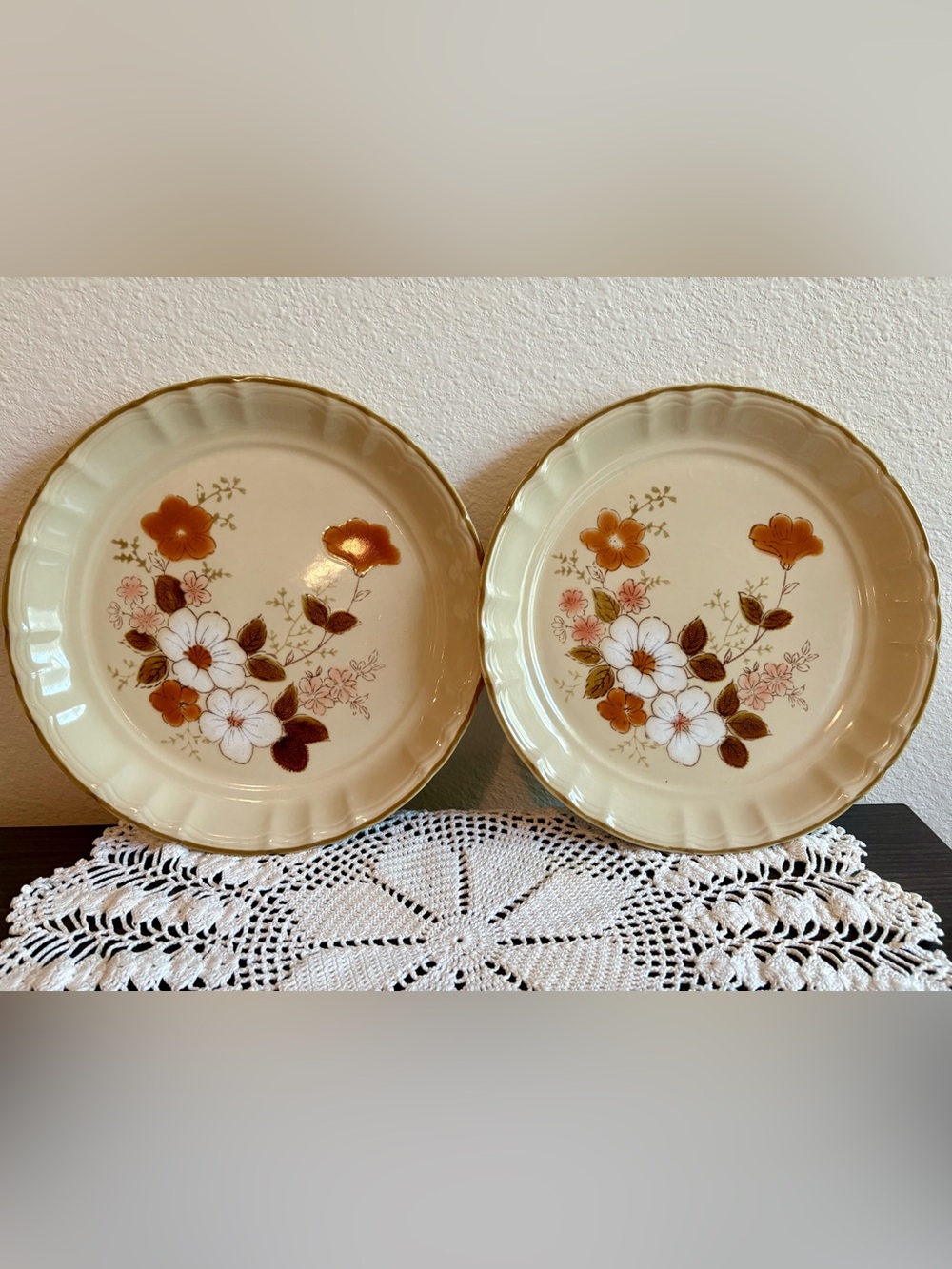 Vintage Floral Stoneware Dinner Plates with Brown Floral Accents - Set of 2